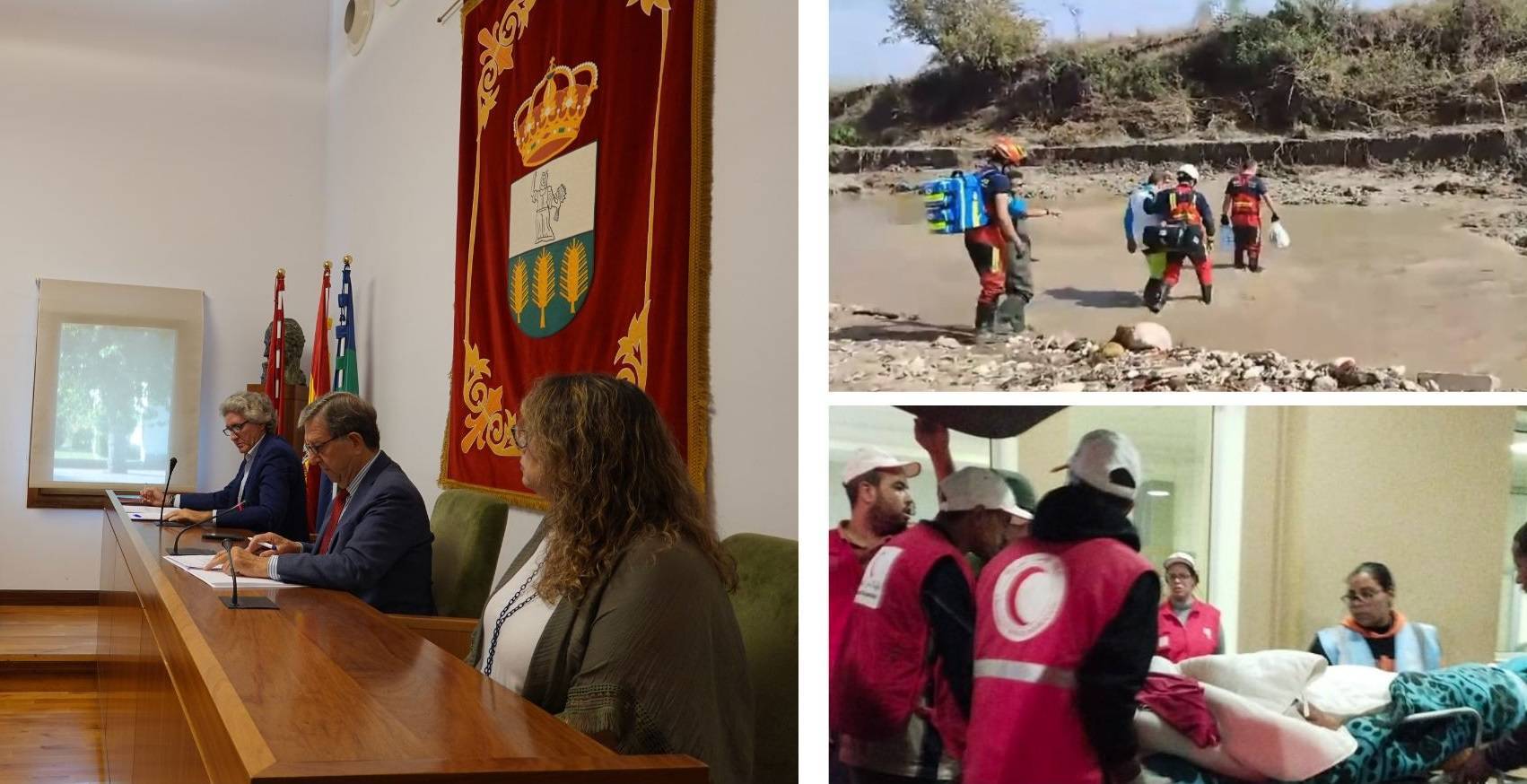 Collage con imágenes del pleno, de la DANA y de la ayuda humanitaria a Marruecos.