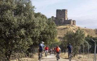 Grupo de personas en bicicleta por el campo y al fondo un castillo