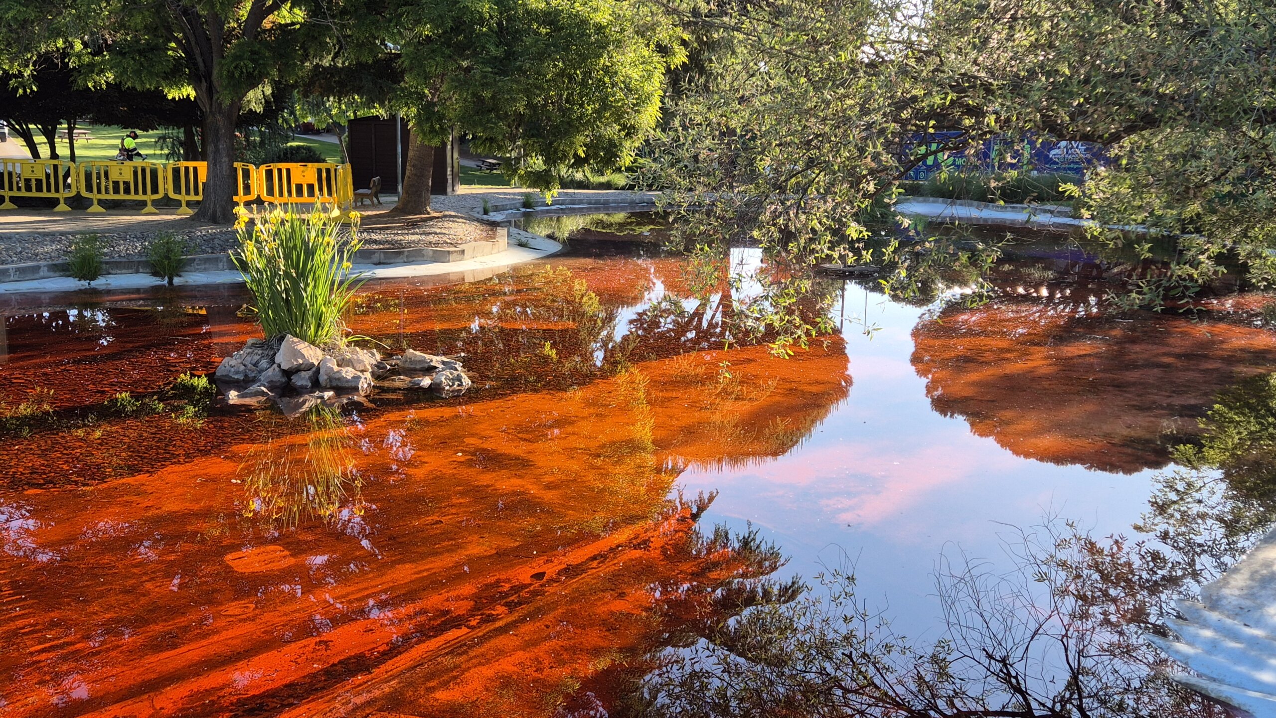 Estanque de La Baltasara con el agua teñida de rojo.