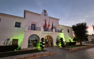 Fachada del Ayuntamiento iluminada de verde.