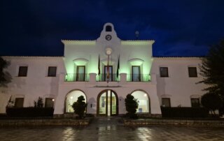 Fachada del antiguo Ayuntamiento iluminada de verde.